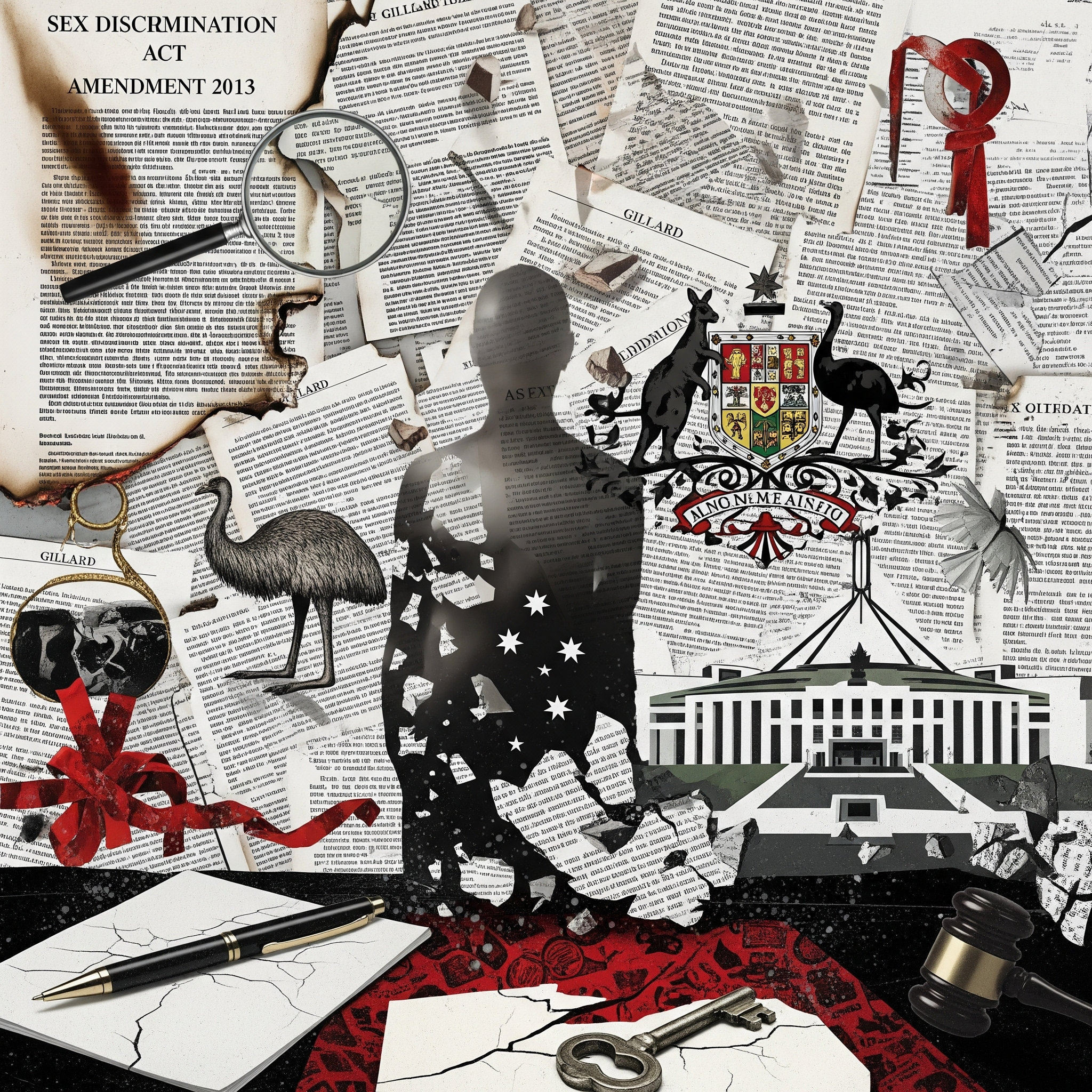 A postmodernist collage representing the themes of the article, including legal documents, hidden figures, and a sense of confusion.