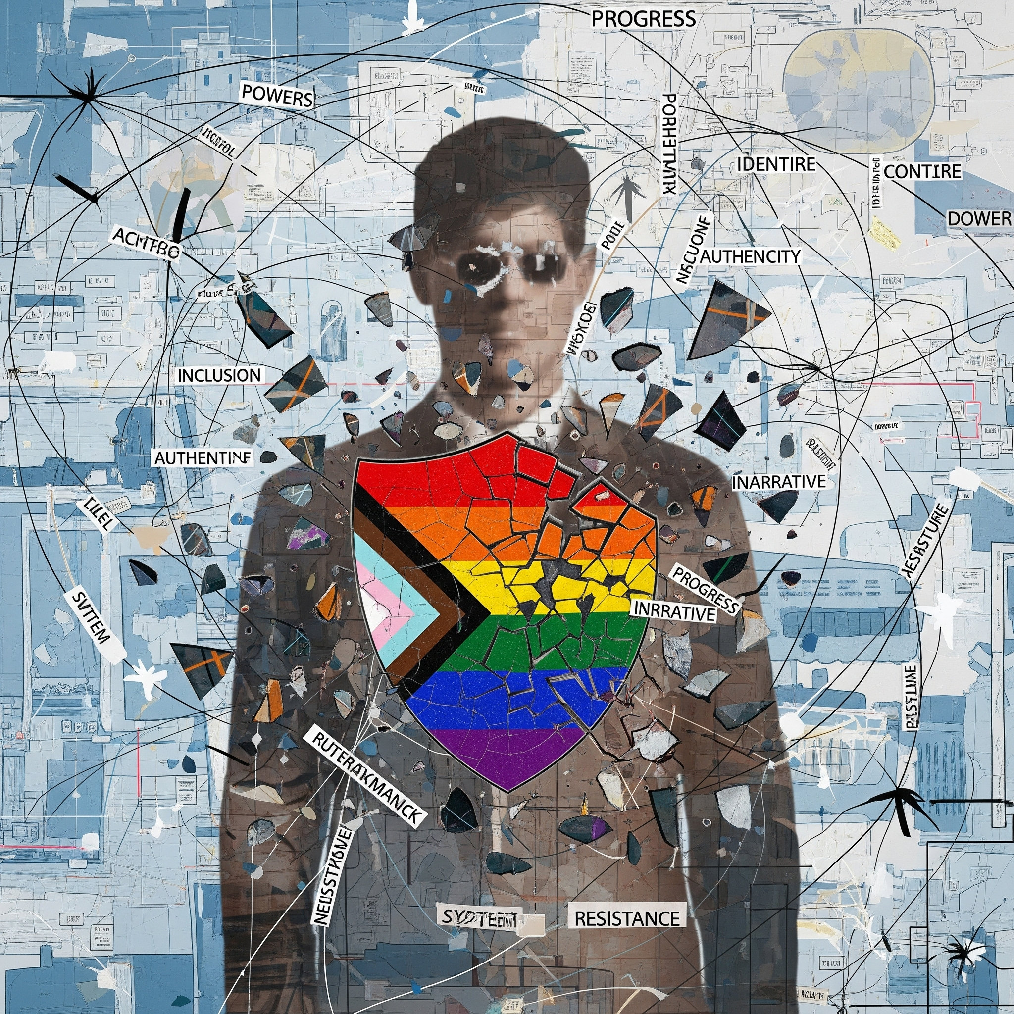 A postmodernist collage representing the themes of the article, including shattered symbols, obscured leaders, and conflicting texts.
